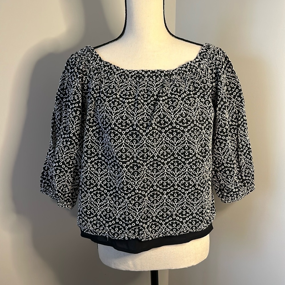 Express off shoulder, black and white eyelet blouse